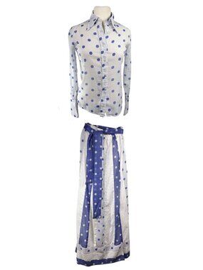 Vintage 70s Alice of California Sheer Blouse & Skirt Set Blue Polka Dot Midi S